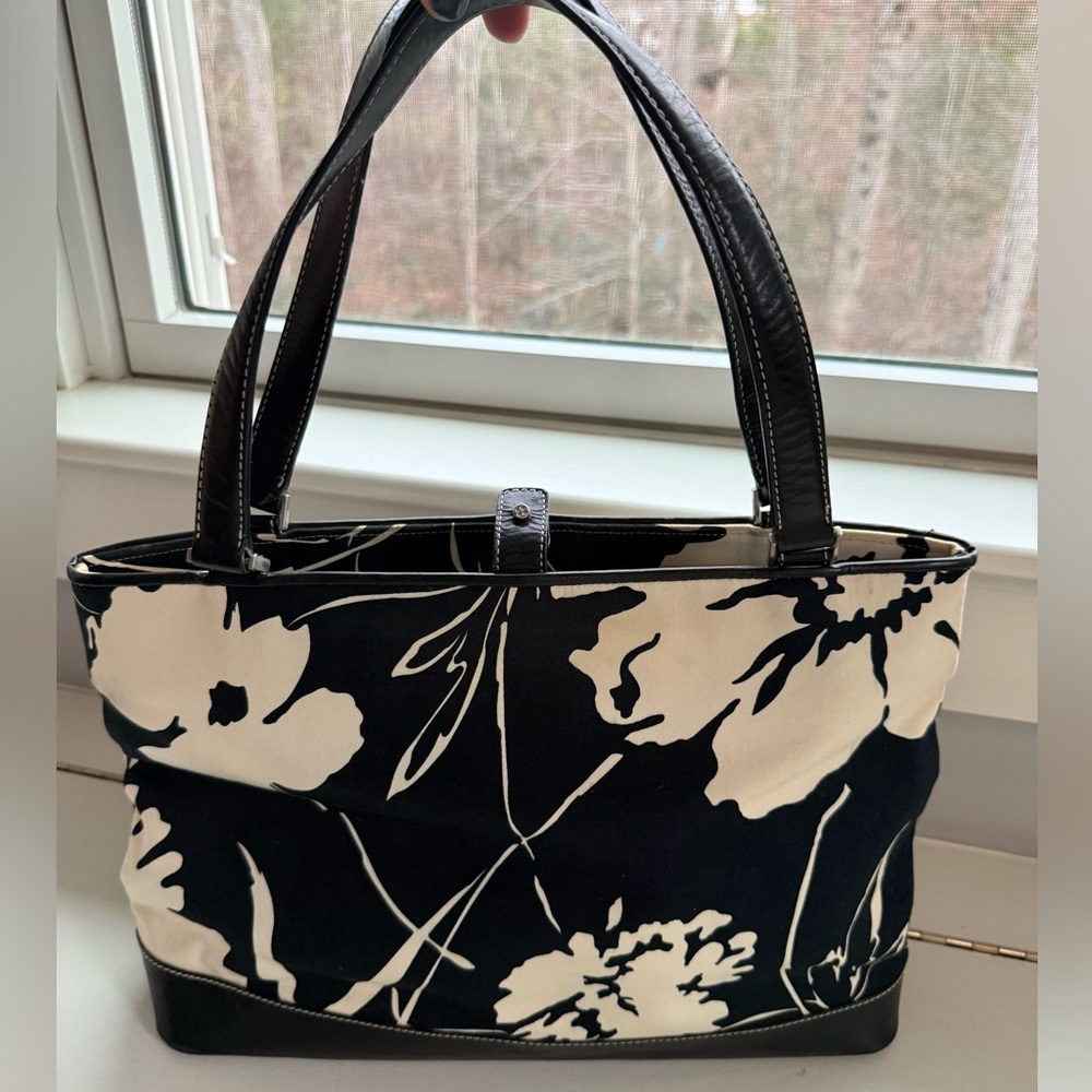 Kate Spade Black & White Floral Canvas Tote Bag | Leather Trim
